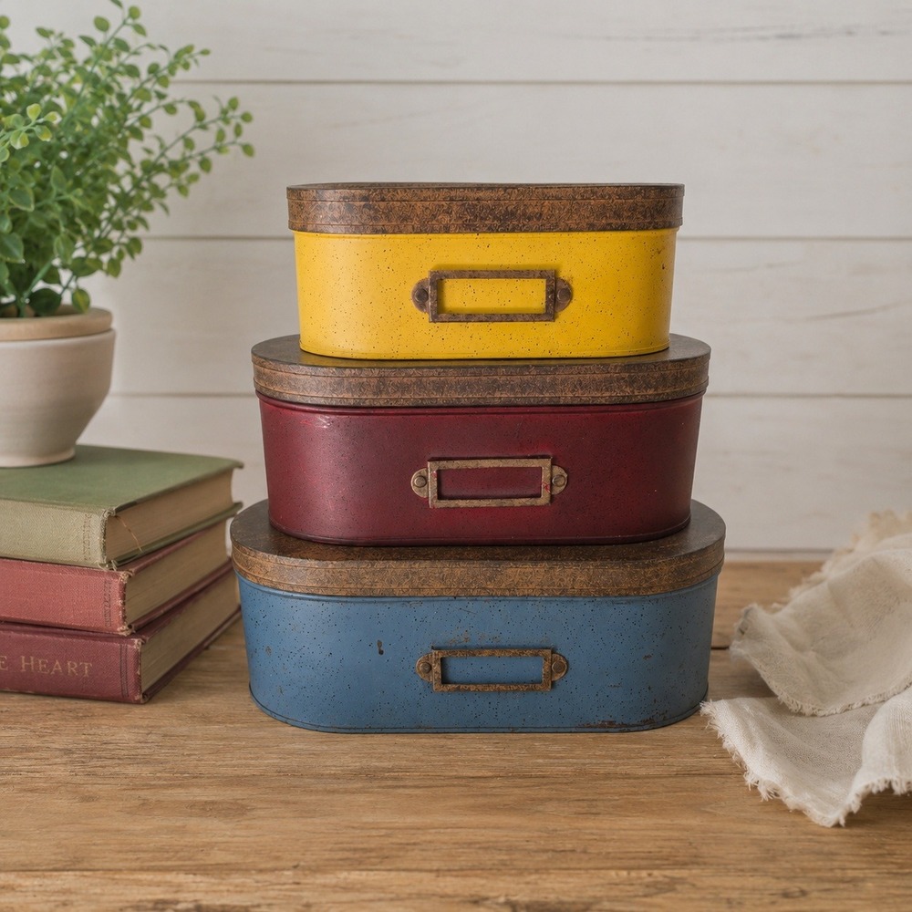 Tender Heart Treasures Nesting Tins Set 3 Primary Colors Farmhouse Decor 60621